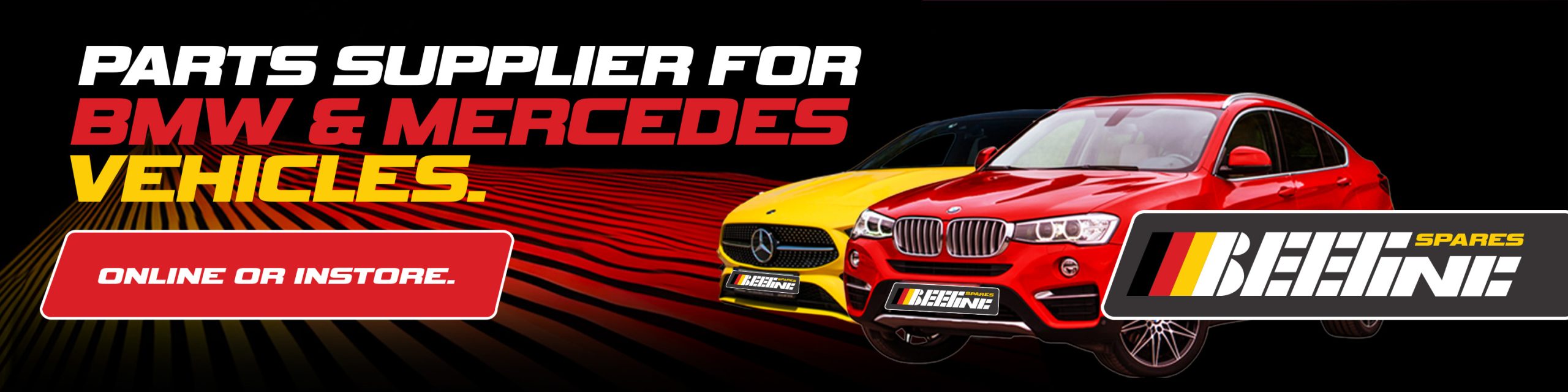 BMW spares banner with red BMW SUV and yellow Mercedes sedan