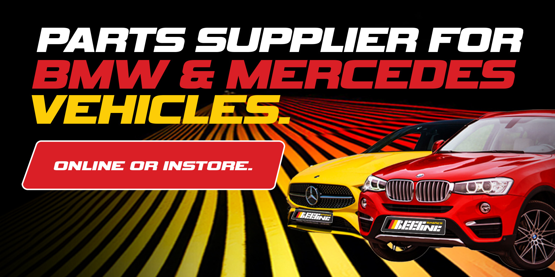 BMW spares banner with red BMW SUV and yellow Mercedes sedan