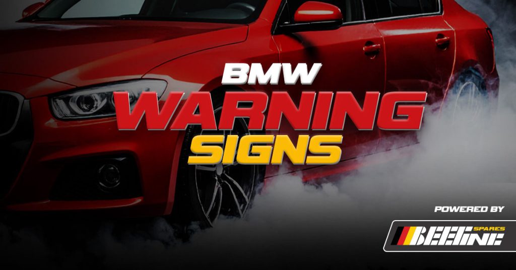 Red BMW with smoke coming from tires and "BMW warning signs" text